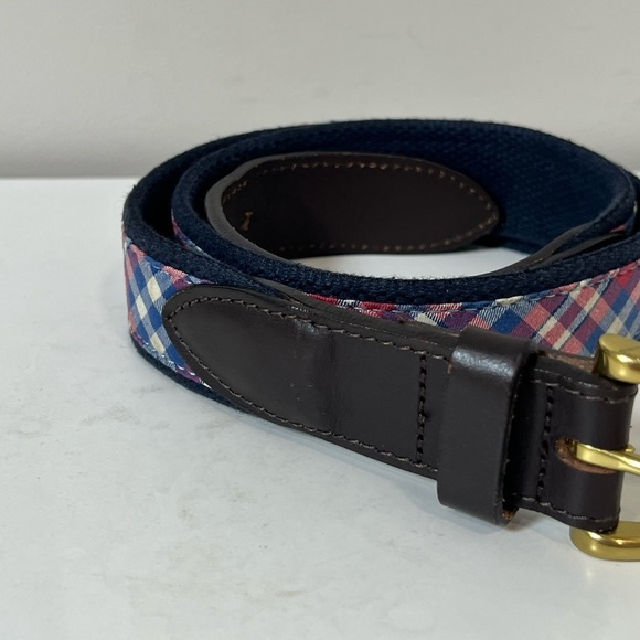 Men's Vineyard Vines Size 32 Plaid Leather Belt with Gold Buckle - Picture 3 of 10